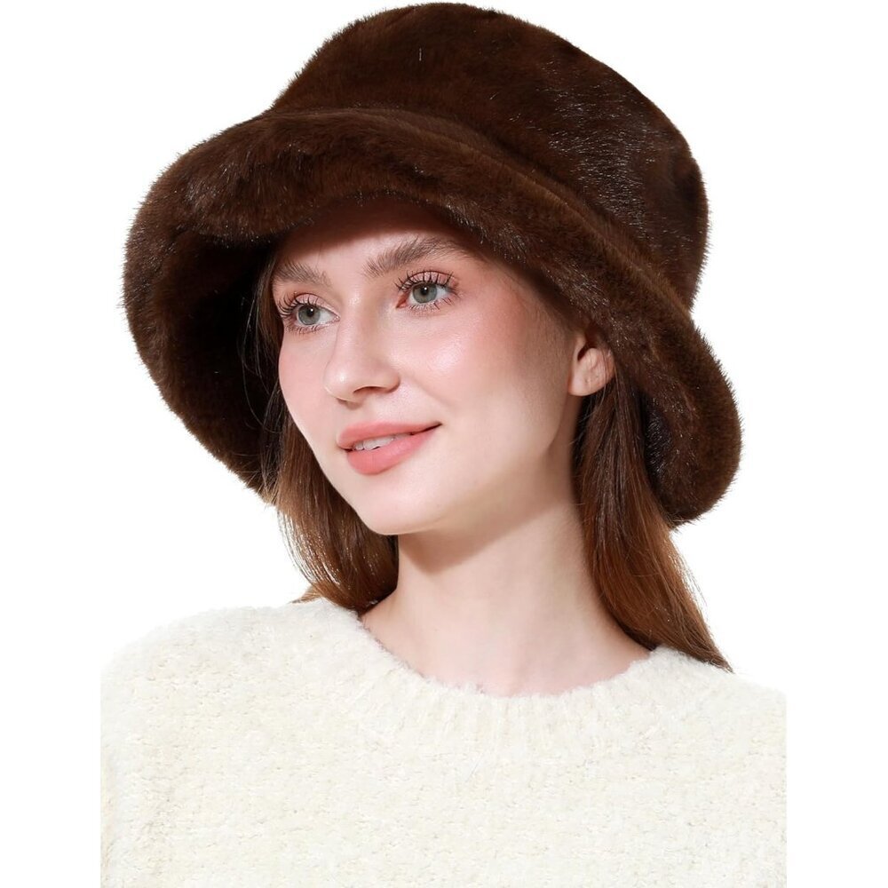 Women's Faux Fur Bucket Hat Compact Warm Short Plush Fisherman Cap